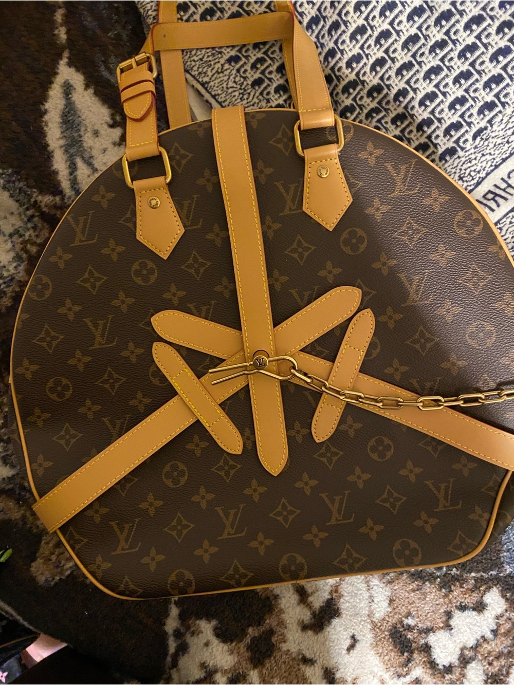 Louis Vuitton Monogram Round Tote in Brown and Tan with Gold Chain
